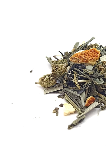 Le Grand Vertige 25g - Ingrédients: Thé vert Sencha, thé vert Chun Mee, chanvre, citronnelle, orange et citron
Le Grand vertige 